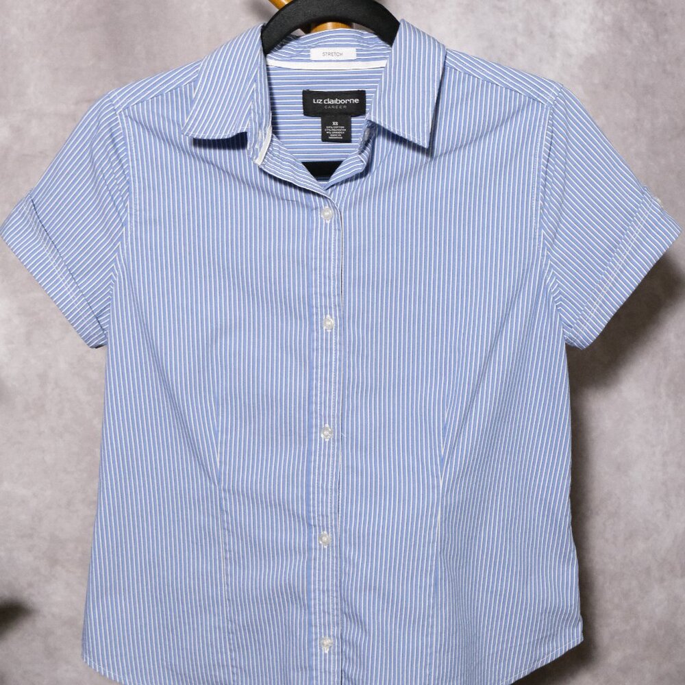 Liz Claiborne Career Women’s Button-Down Blouse – XS – Blue & White Stripes